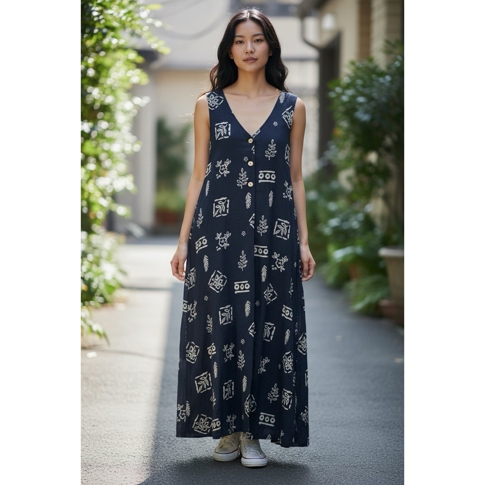 VTG Y2K Black Floral Sleeveless Maxi Sz S Button Front Office Casual Whimsical